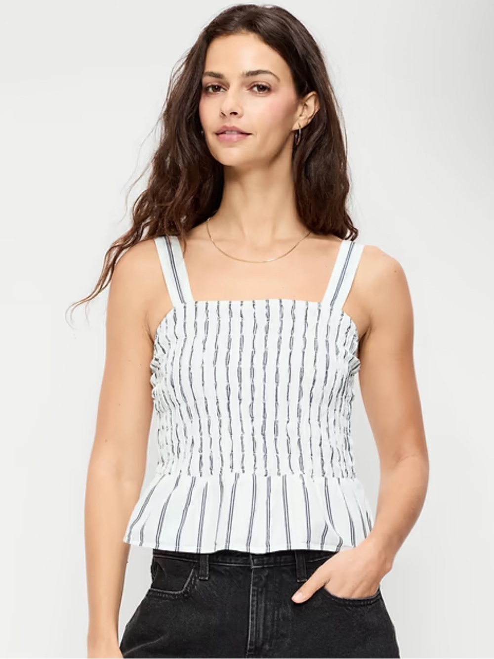 Old Navy White and Navy Blue Striped Smocked Peplum Camisole